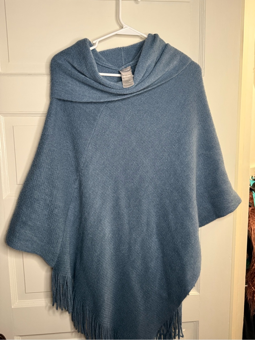 Chico's Dusty Blue Fringe Poncho with Cowl Neck